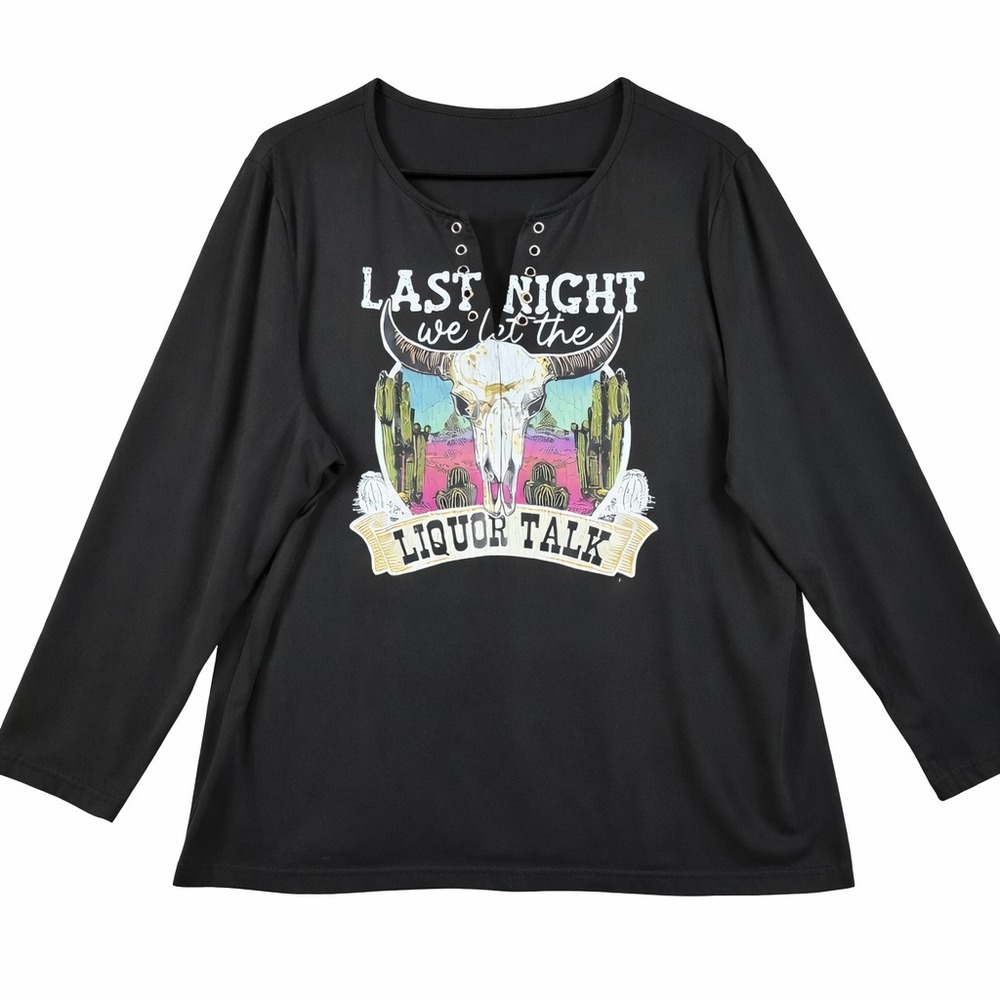 Womens Western‎ Graphic Top Long Sleeve Lace-Up Neck Skull Desert Print XL